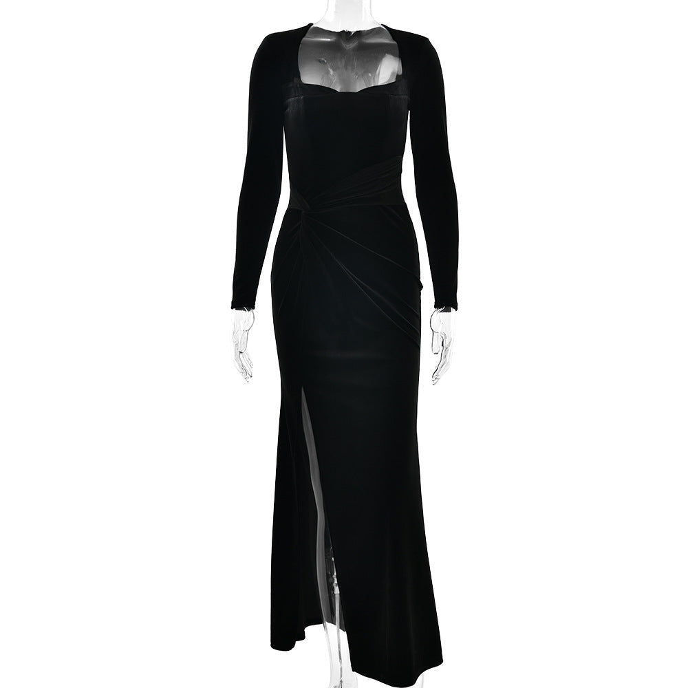 Women Clothing Sexy Slit Square Collar Dress Fashionable Elegant Velvet Pleated Dress