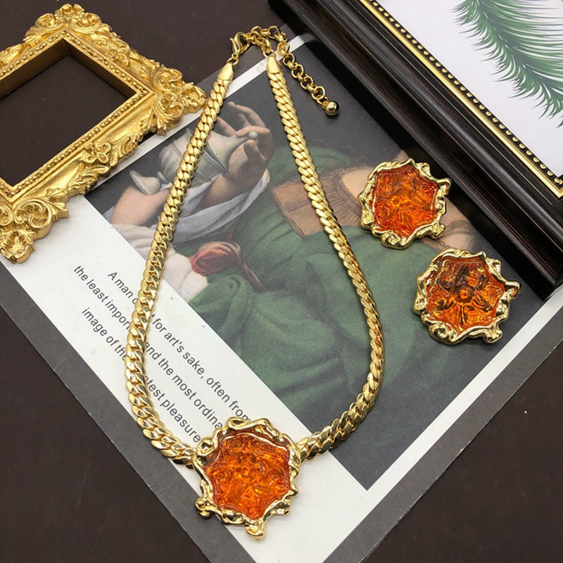 Women's Irregular Lava Real Gold-plated Copper Chain Ear Clip Fashion Suit Necklaces