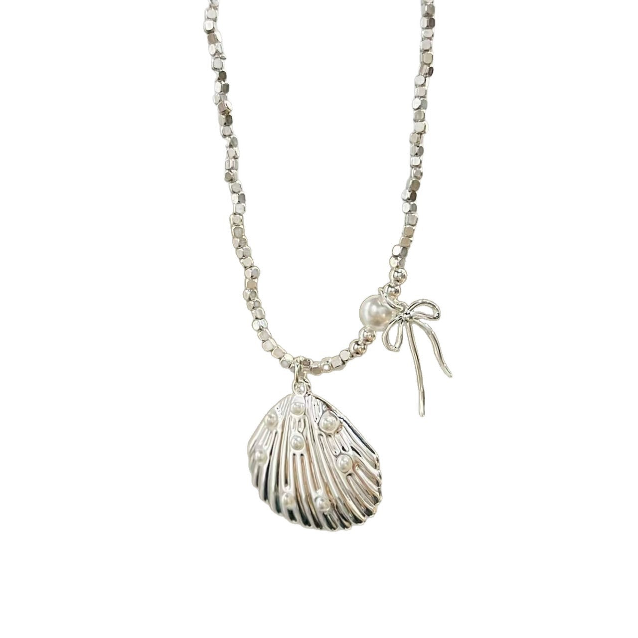 Women's Style Fashion Shell Love Pink Zirconium Broken Sier Niche Bow Necklace
