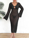 Women Clothing Hollow Out Cutout out See through Mesh Front Deep V Plunge neck Slim Beach Dress Sun-Proof Vacation Blouse