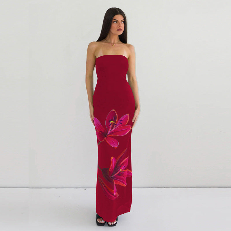 Women Clothing Summer Personalized Printed off Neck Tube Top Backless Tied Dress