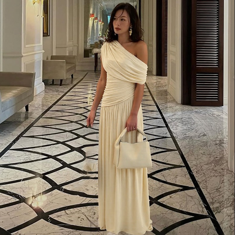 Women Clothing Spring Arrival Fashionable Sexy Diagonal Collar Pleated Asymmetrical Solid Color Dress