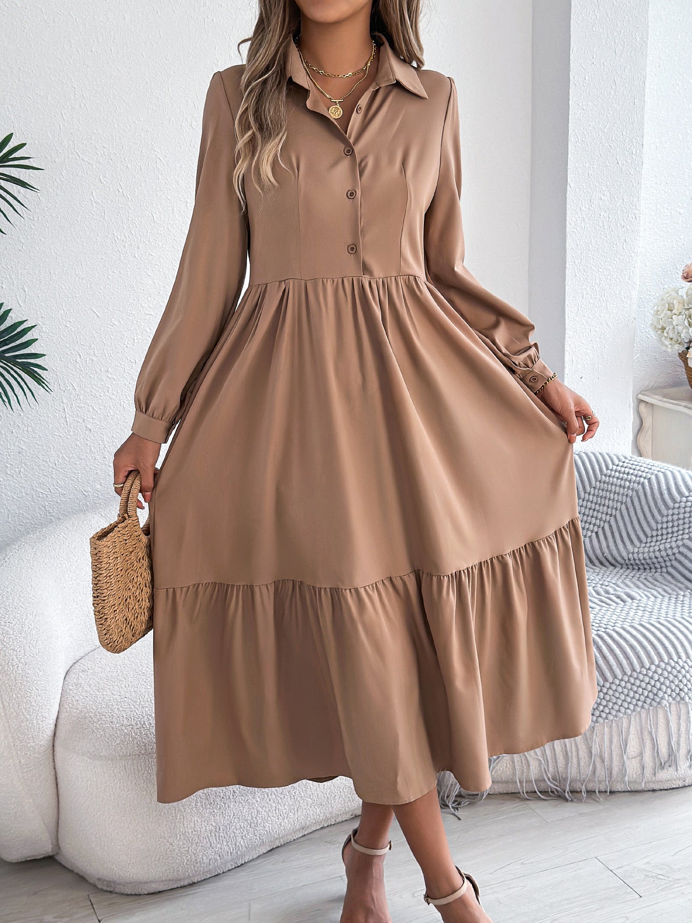 Autumn Winter Collared Casual Loose Long Sleeve Ruffled Shirt Dress Women Clothing