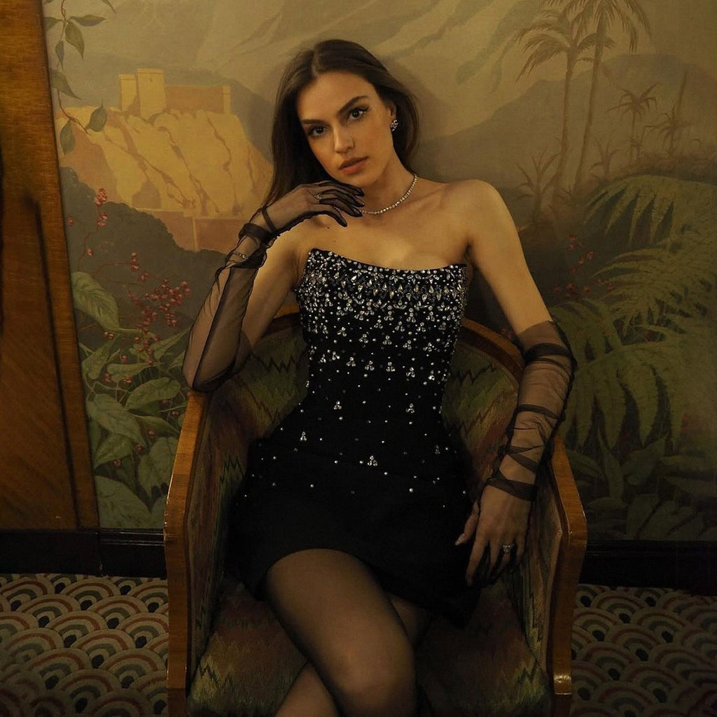 Embellished Tube Top Cinched Waist Bandage Dress Fashionable Dress for Appointment Elegant Slimming Dinner Women Clothing