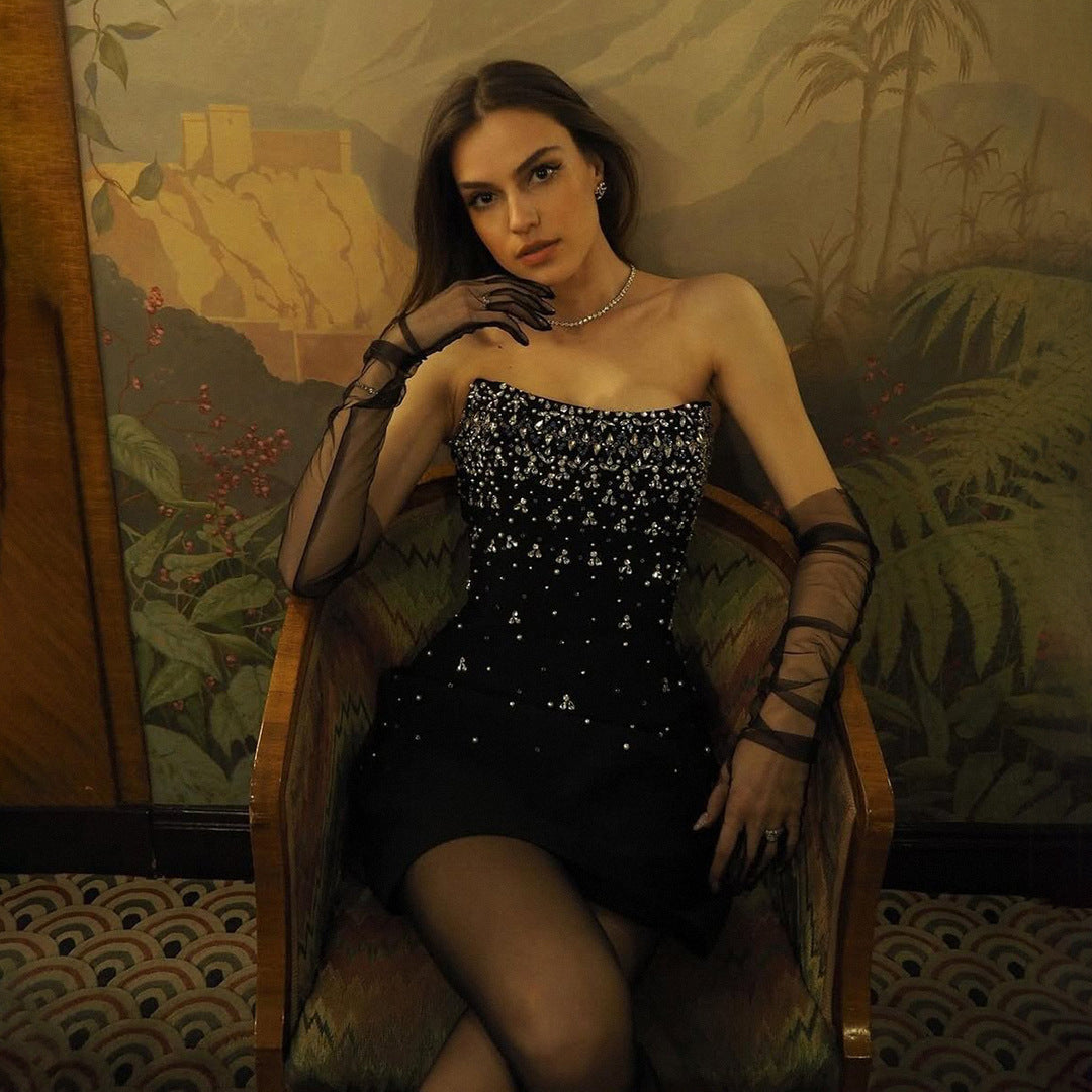 Embellished Tube Top Cinched Waist Bandage Dress Fashionable Dress for Appointment Elegant Slimming Dinner Women Clothing