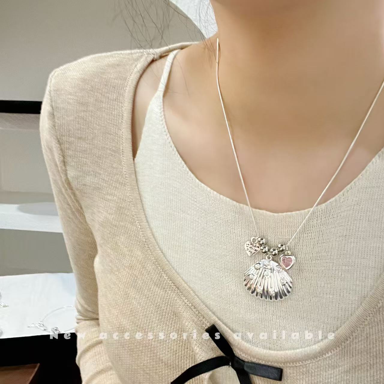 Women's Style Fashion Shell Love Pink Zirconium Broken Sier Niche Bow Necklace