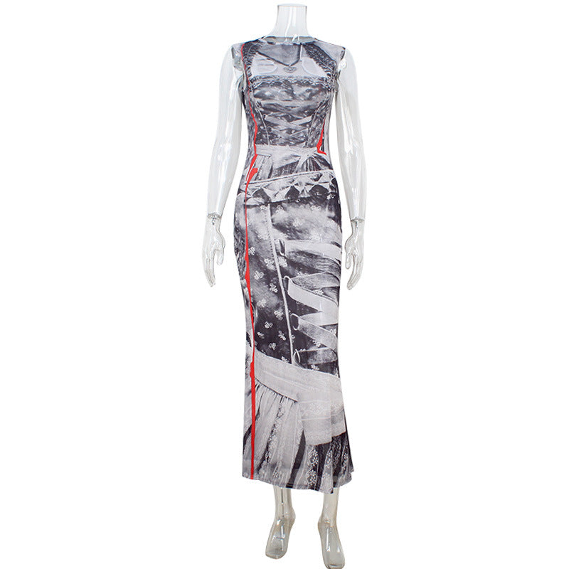 Women Clothing Crew Neck Sleeveless Slim Fit Fashionable High End Personalized Printed Sheath Dress Women