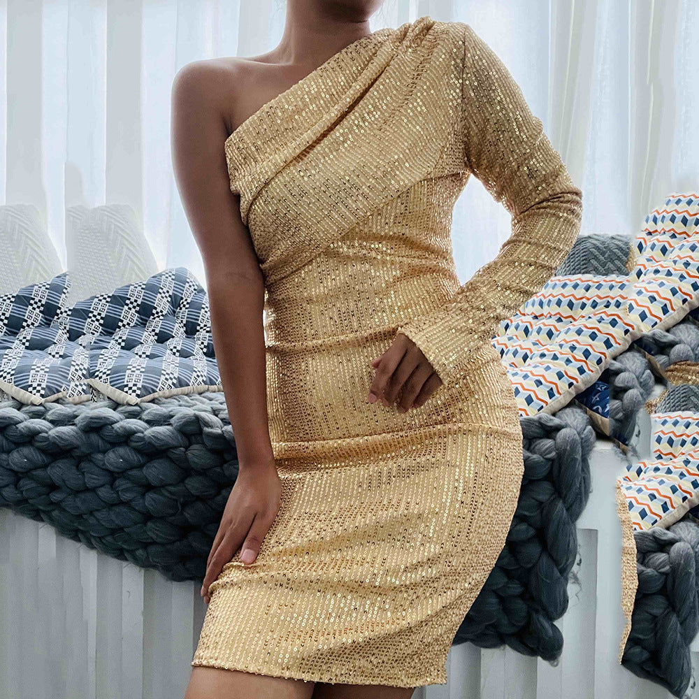 One Shoulder Dress Diagonal Collar Wrapped Chest Evening Dress Fashionable Sequ Nightclub Sexy Women Clothing
