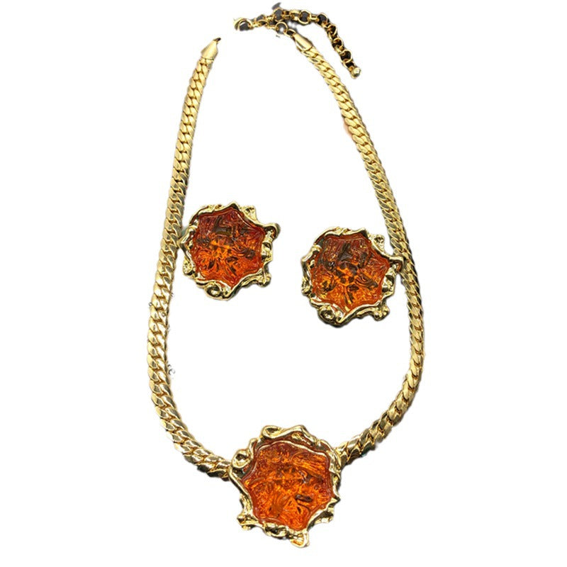 Women's Irregular Lava Real Gold-plated Copper Chain Ear Clip Fashion Suit Necklaces