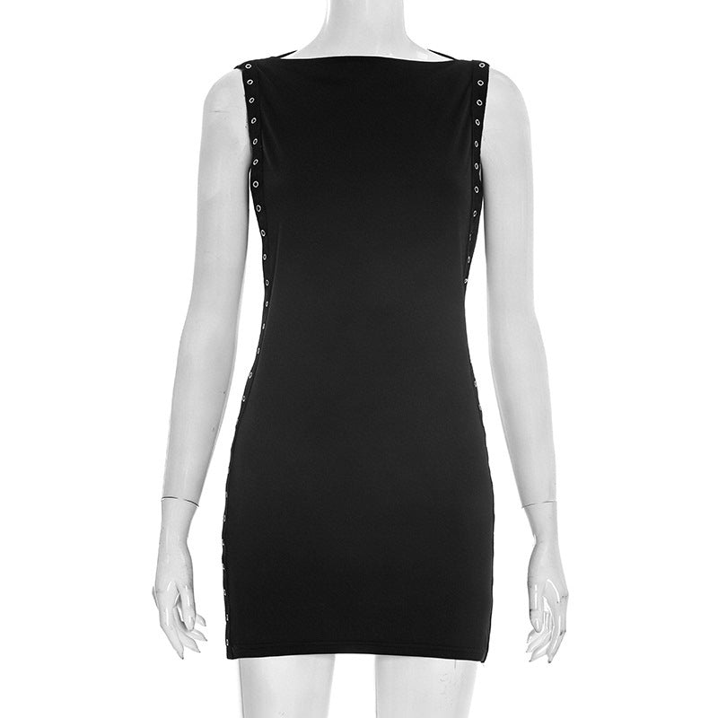 Women Clothing Summer Solid Color Casual round Neck Corns Hollow Out Cutout Sexy Short Sleeveless Dress