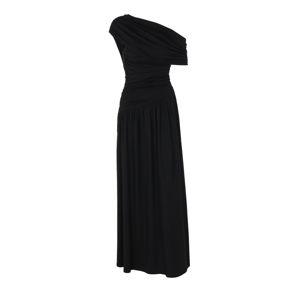 Women Clothing Spring Arrival Fashionable Sexy Diagonal Collar Pleated Asymmetrical Solid Color Dress
