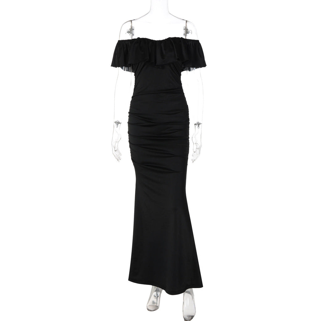 Women Clothing Summer Tube Top off Shoulder Fashionable Pleated Waist Slimming Dress