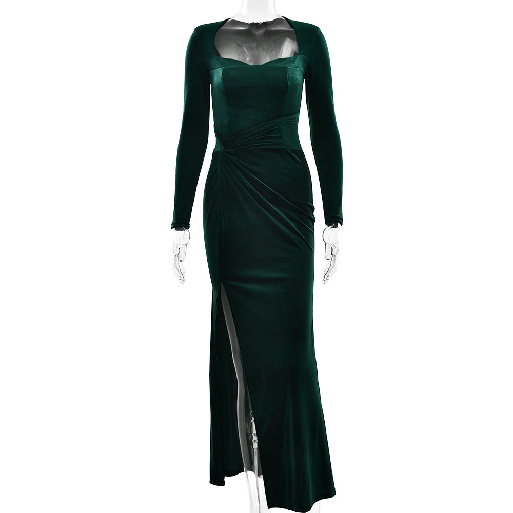 Women Clothing Sexy Slit Square Collar Dress Fashionable Elegant Velvet Pleated Dress