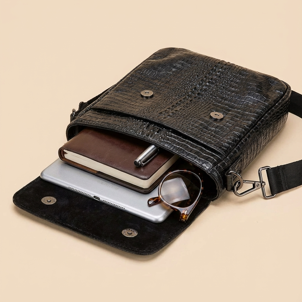 Men's Croc-Embossed Leather Sling Bag – Structured Office Carry
