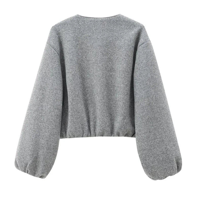 HXAO Outerwears Cropped Bomber Jacket Women Autumn Long Sleeve Faux Wool Coats For Woman Winter Zip Up Gray Beige Short Coats
