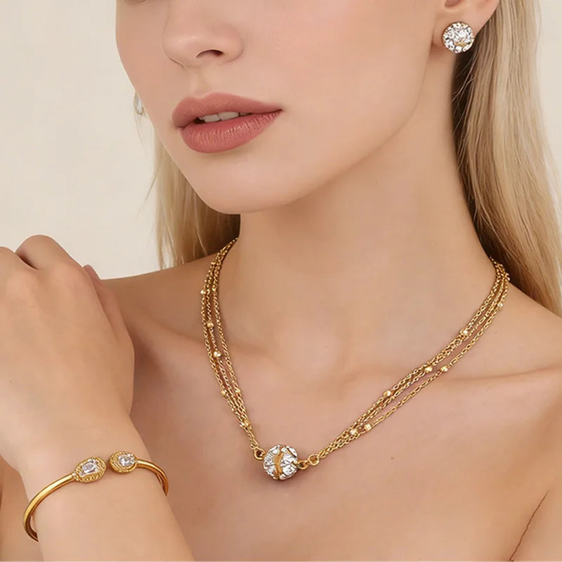 Crystal Earrings Bracelet Pendant Jewelry Set Gold Plated Necklace Elegant Women Fashion Trendy Bohemia Luxury Party Gift Bride