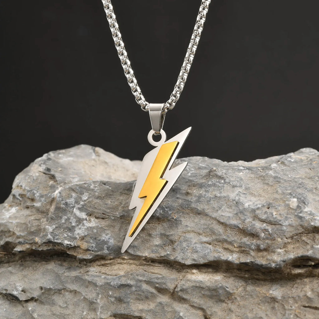 Trendy Lightning Stainless Steel Necklace for Men | Two Color Pendant Hip Hop Jewelry