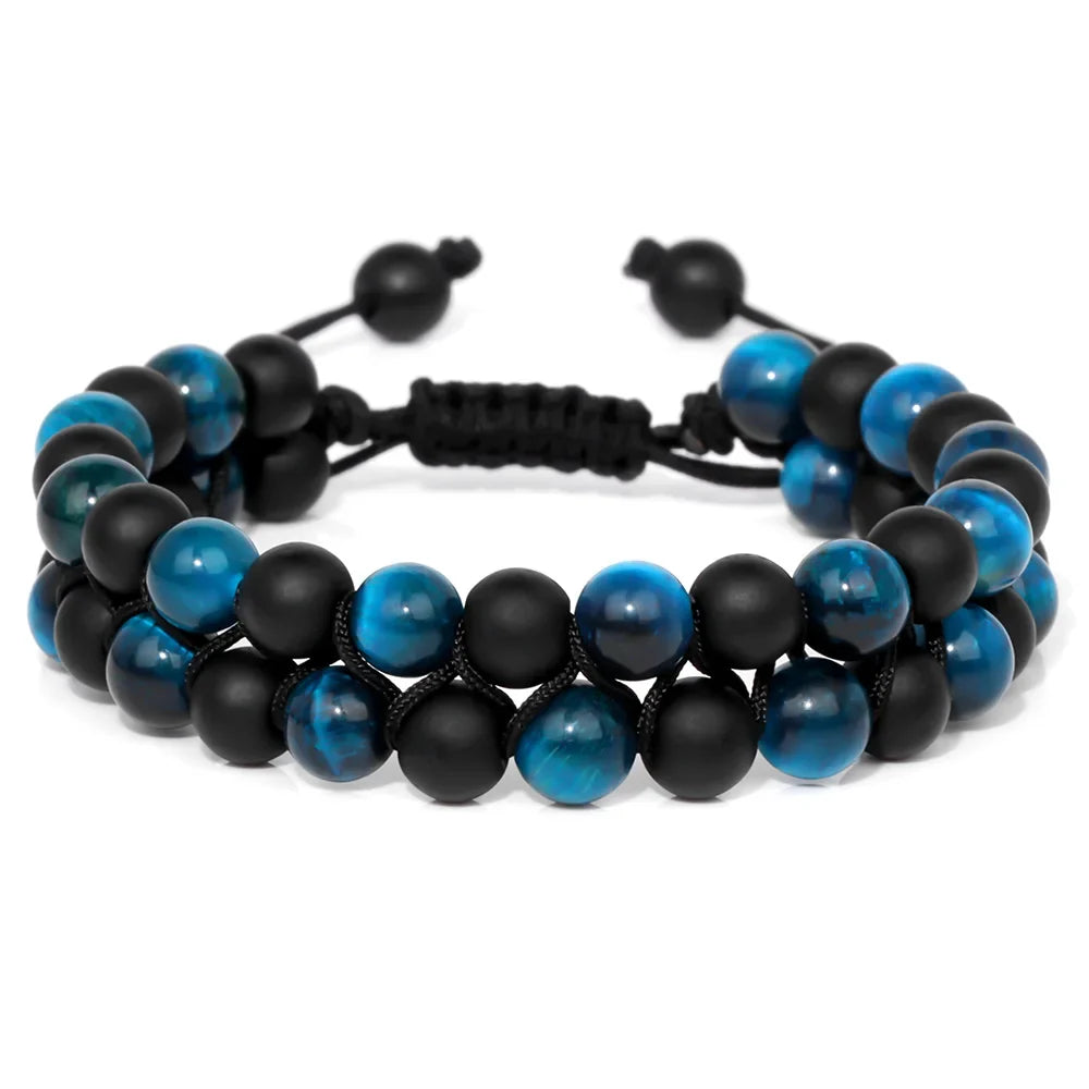 Men Triple Protection Stone Bead Bracelet Double Layers Tiger Eye Hematite Obsidian Rope Wrap Bracelet Handmade Jewelry Gift