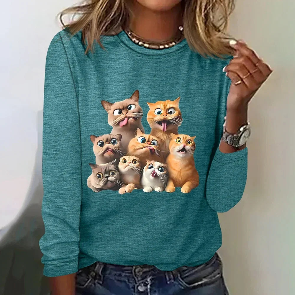 Womens Cat Print Loose T-Shirt Animal Print Long Sleeve Shirt Fashion Clothing 2024 Ladies Cute Print Long Sleeve