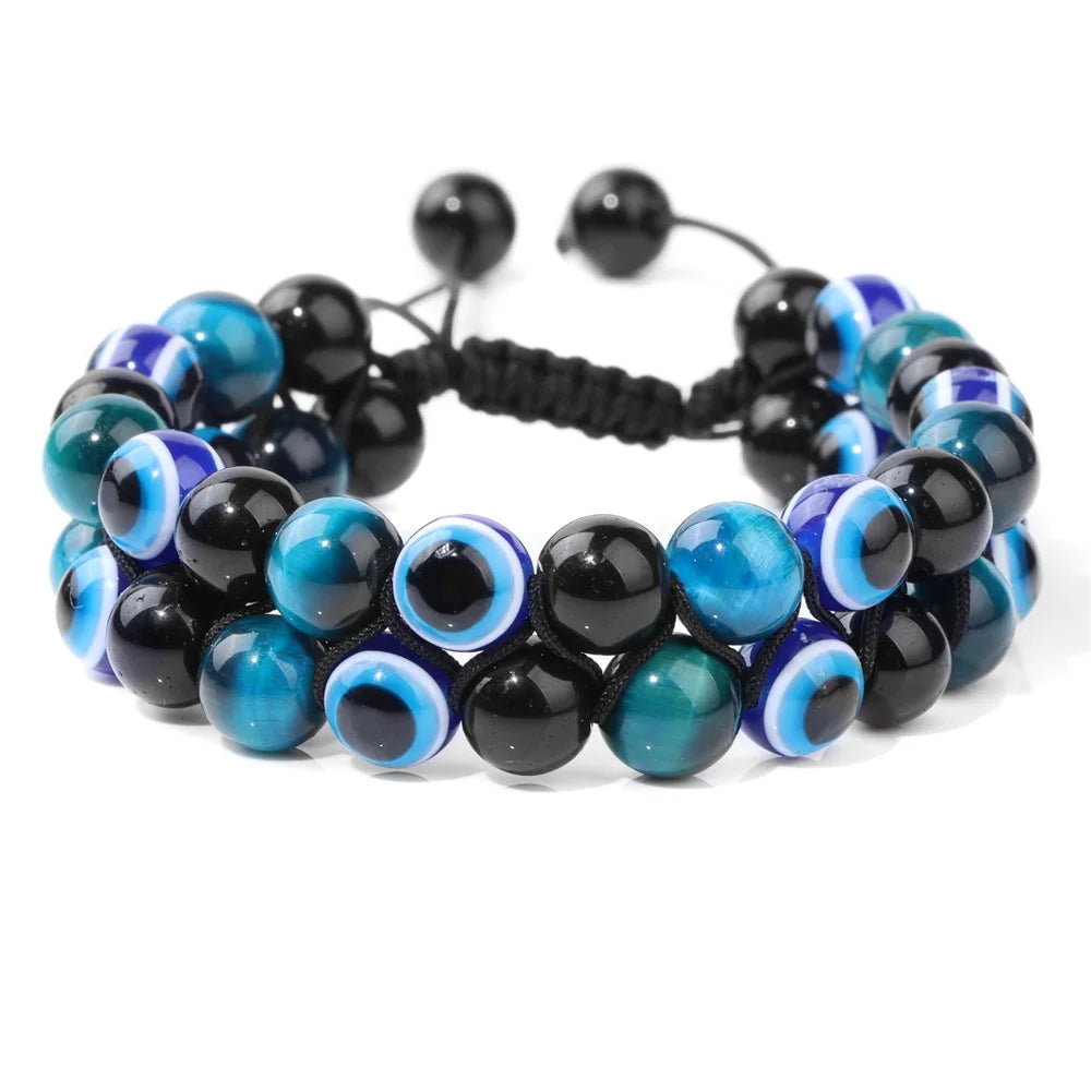 Men Triple Protection Stone Bead Bracelet Double Layers Tiger Eye Hematite Obsidian Rope Wrap Bracelet Handmade Jewelry Gift