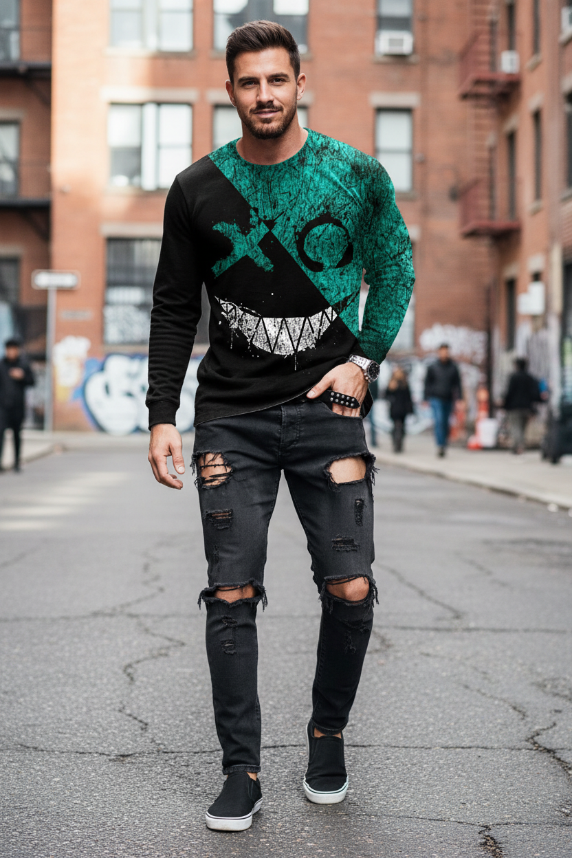 Men’s Casual Long Sleeve O-Neck T-shirt with Funny Pattern Print - Harajuku Street Fashion Top