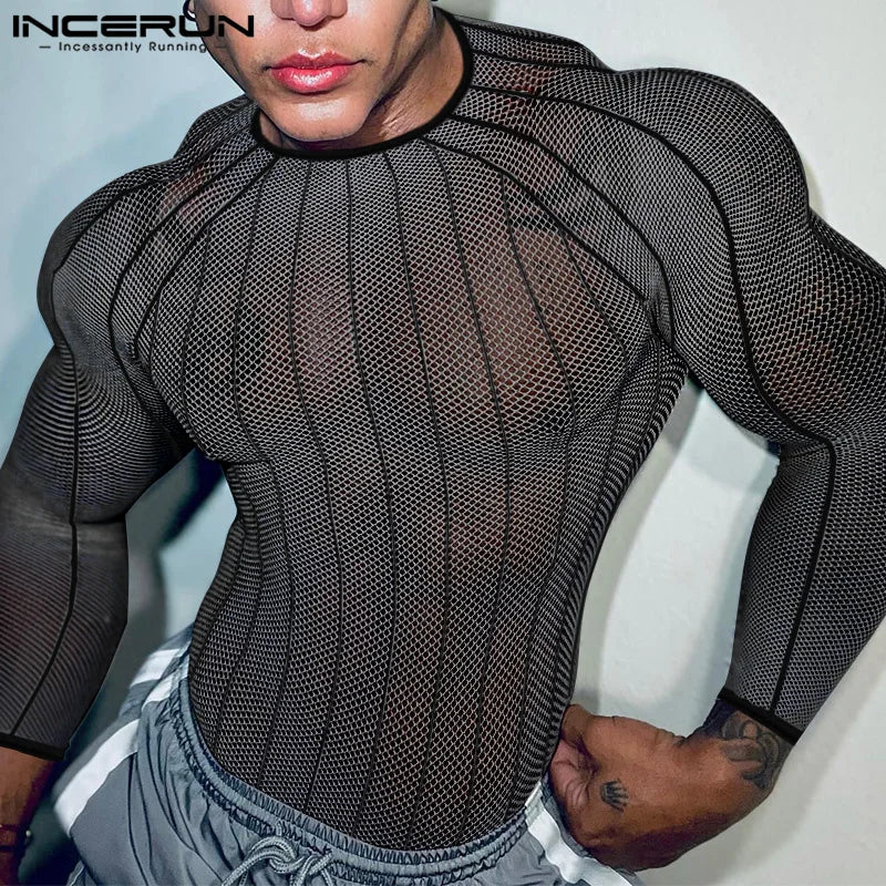 Party Nightclub Style Tops INCERUN Men's See-through Thin Design T-shirts Sexy Leisure Male Hot Sale Long Sleeved Camiseta S-3XL