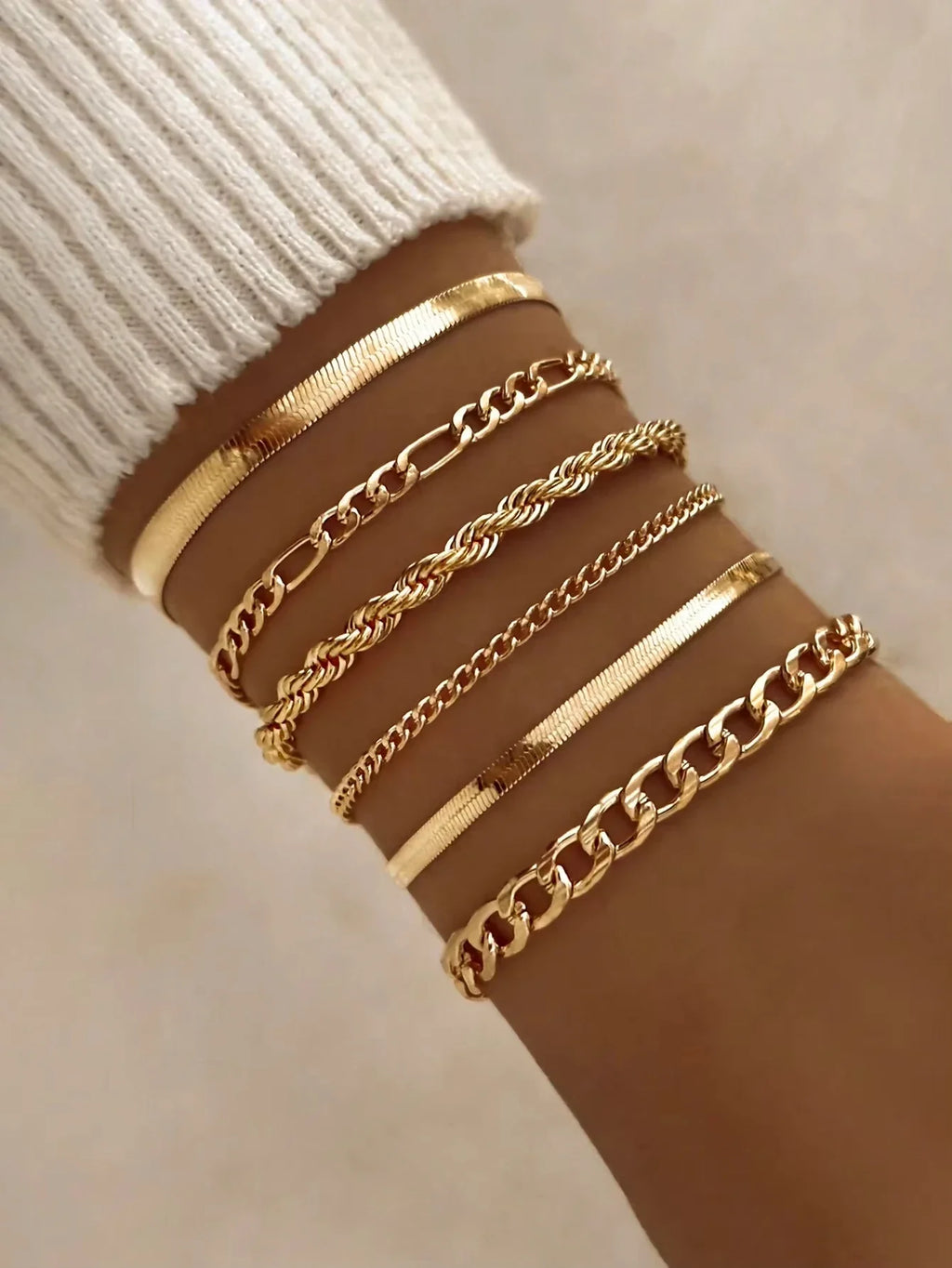 6pcs Fashion Punk Style Simple Cold Tone Chain Fashion Bracelet Set Suitable For Women's Daily Wear