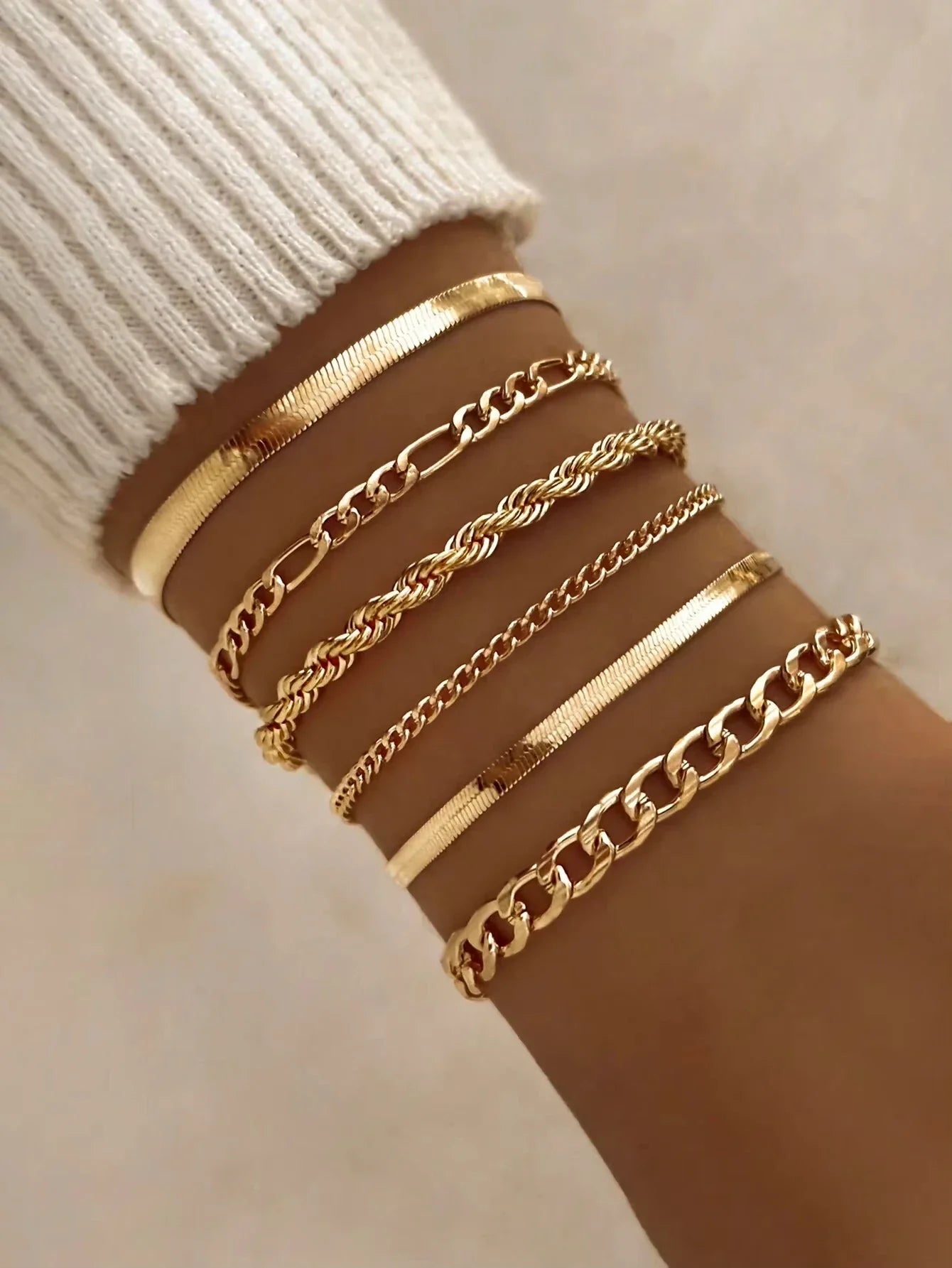 6pcs Fashion Punk Style Simple Cold Tone Chain Fashion Bracelet Set Suitable For Women's Daily Wear