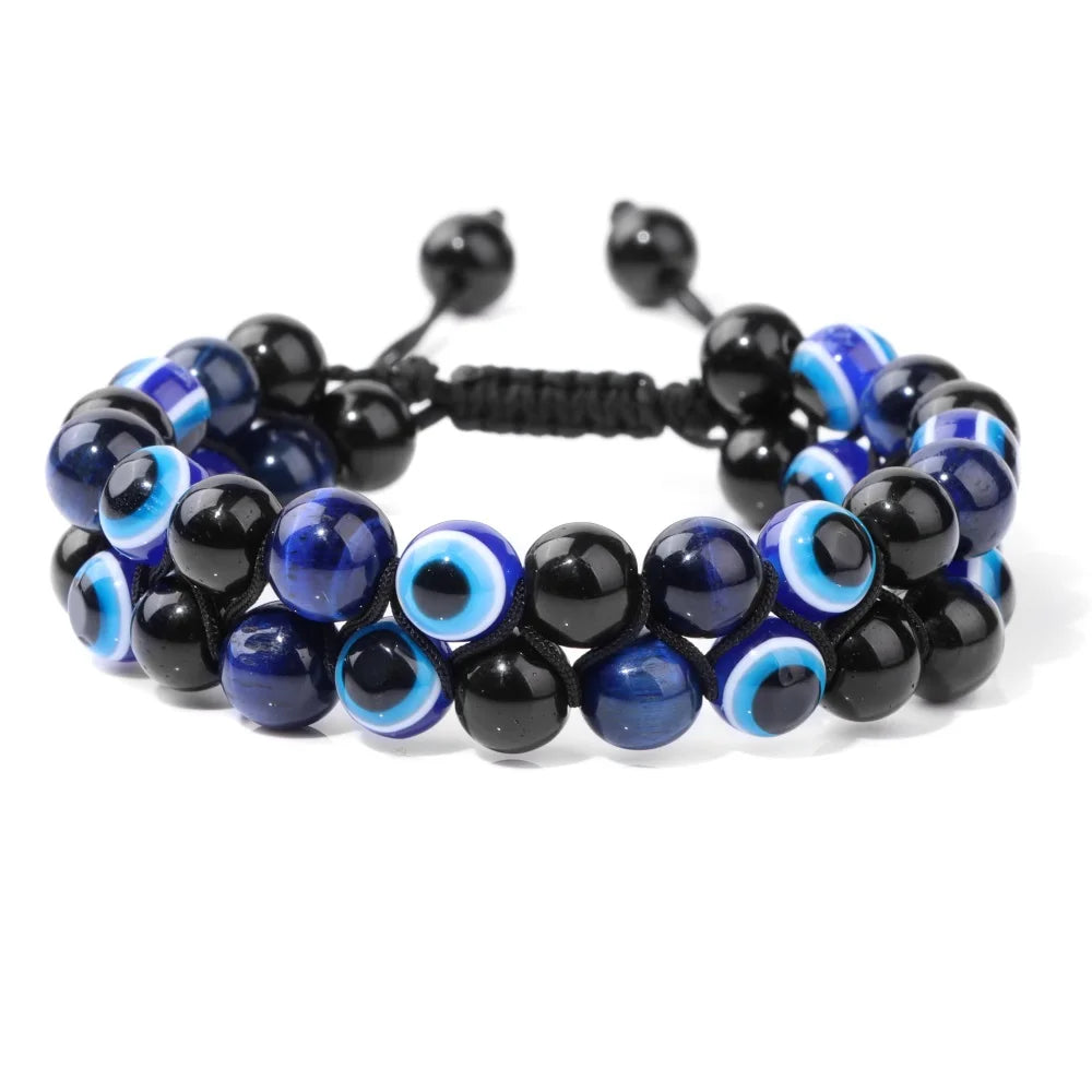Men Triple Protection Stone Bead Bracelet Double Layers Tiger Eye Hematite Obsidian Rope Wrap Bracelet Handmade Jewelry Gift
