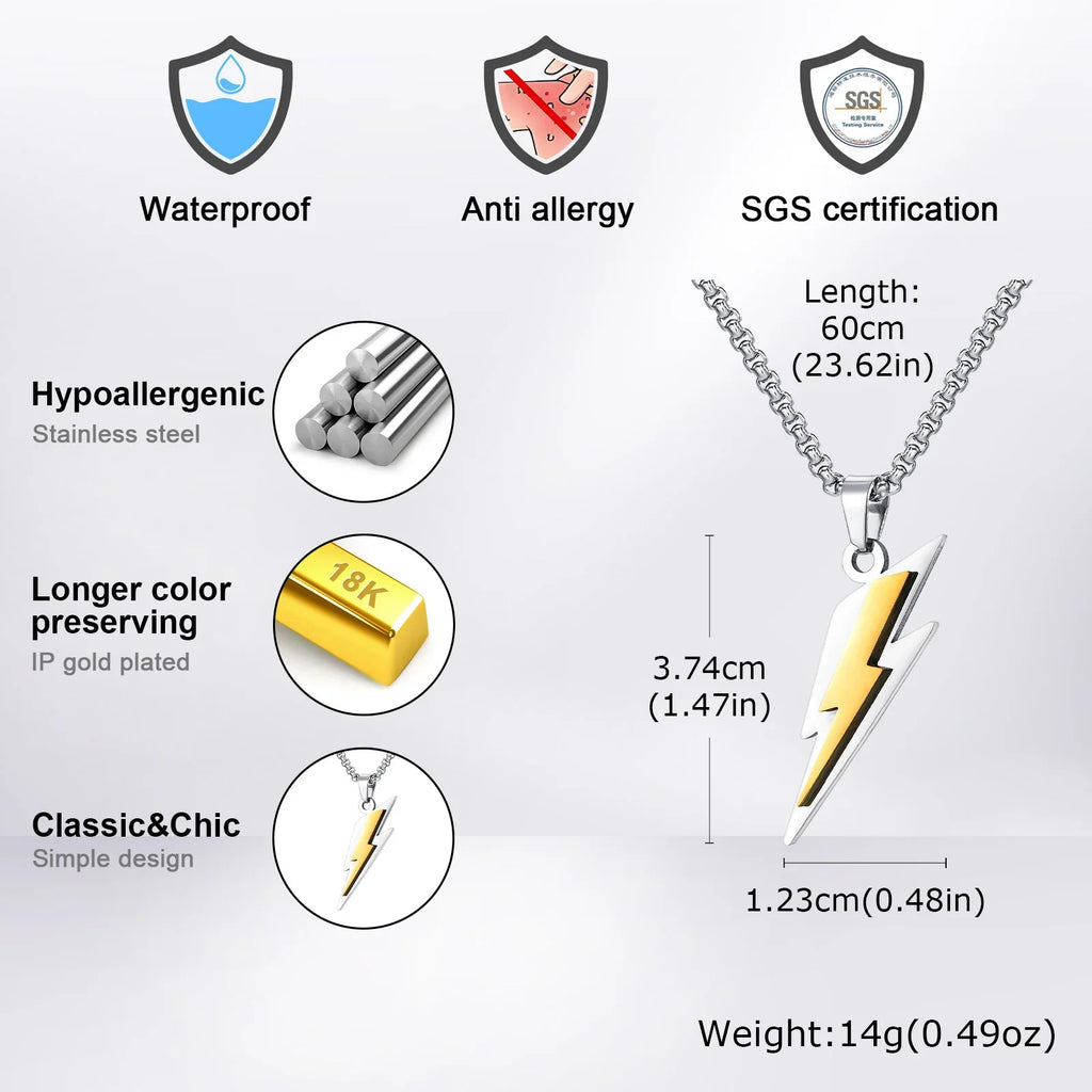 Trendy Lightning Stainless Steel Necklace for Men | Two Color Pendant Hip Hop Jewelry