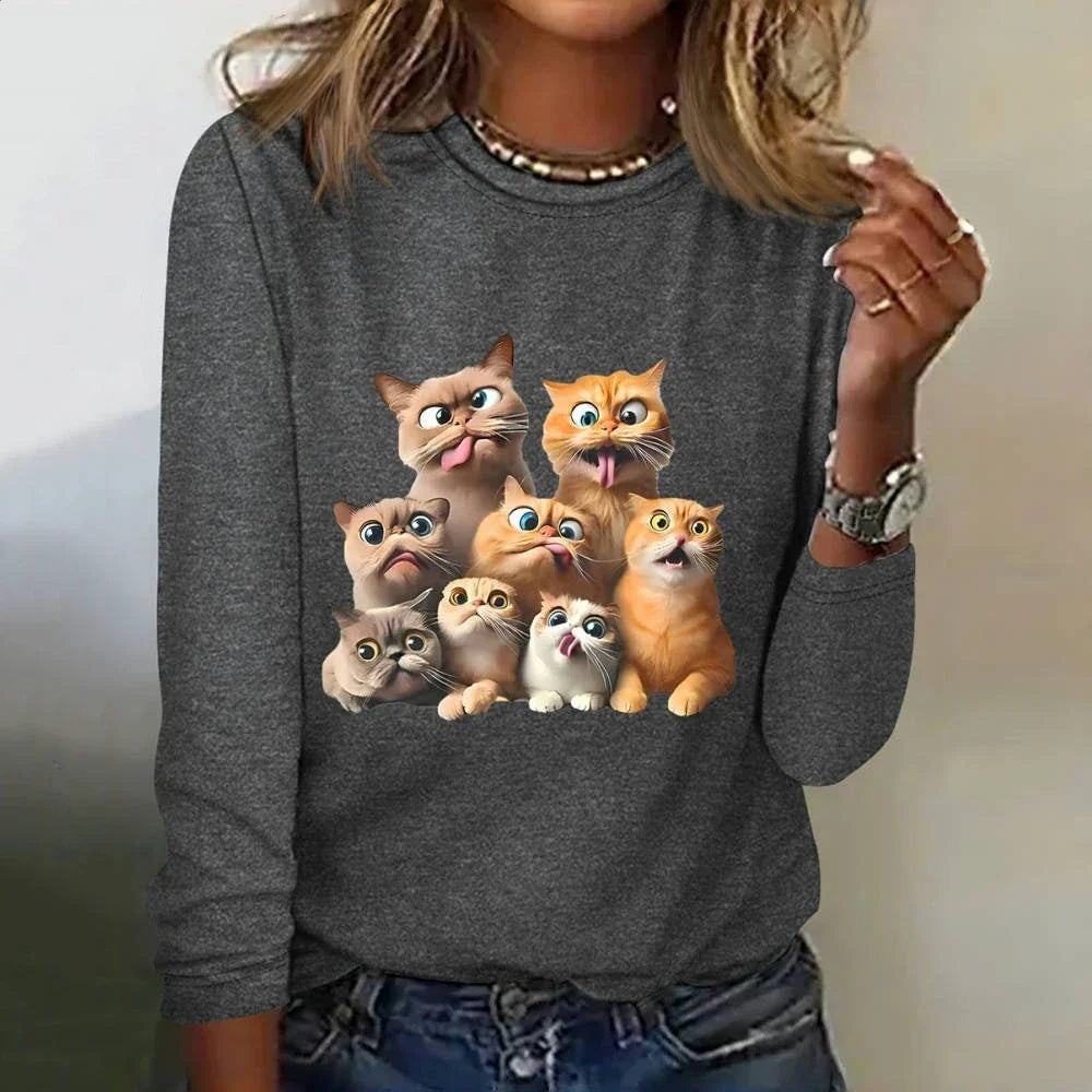 Womens Cat Print Loose T-Shirt Animal Print Long Sleeve Shirt Fashion Clothing 2024 Ladies Cute Print Long Sleeve