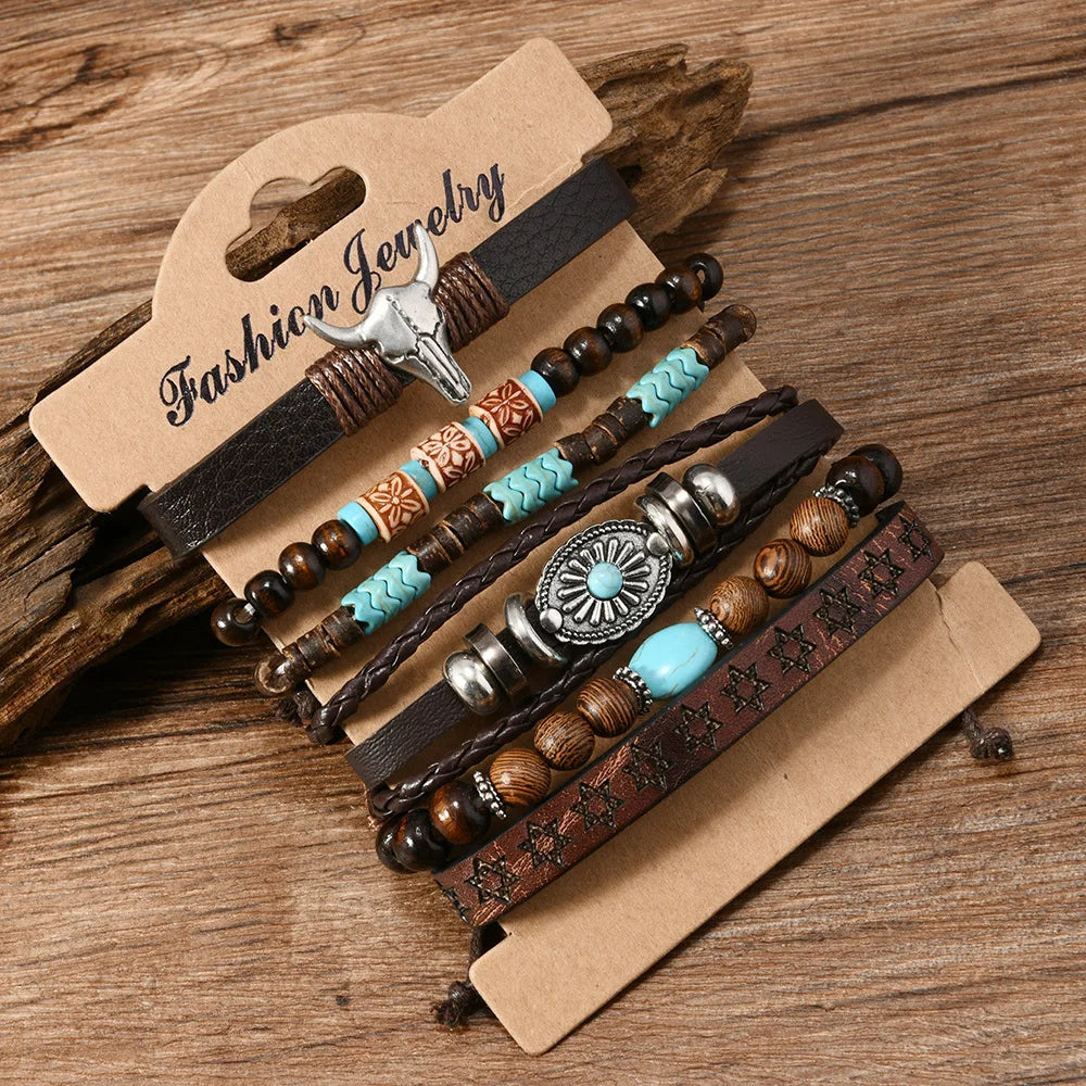 Western Denim style fashion men's leather bracelet skull cow head zinc alloy accessories 6-piece cowhide bracelet