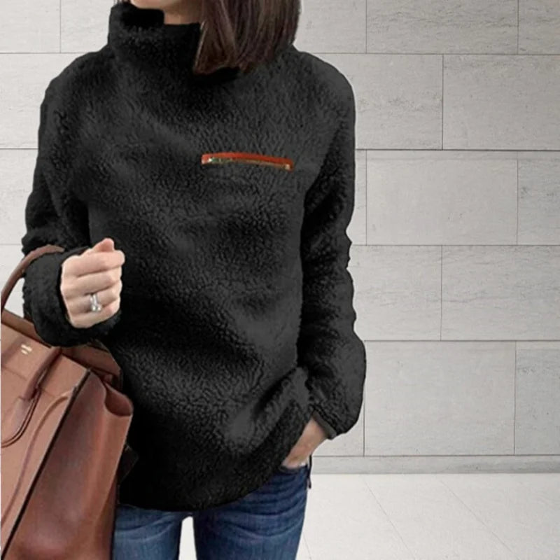 Women Autumn Winter Warm Velet Turtleneck Pullover Sweater Fashion Zipper Super Soft Long Sleeved Tops Female Solid Loose Cloths