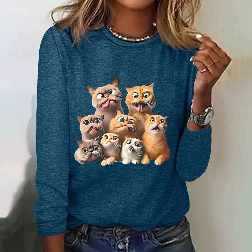 Womens Cat Print Loose T-Shirt Animal Print Long Sleeve Shirt Fashion Clothing 2024 Ladies Cute Print Long Sleeve
