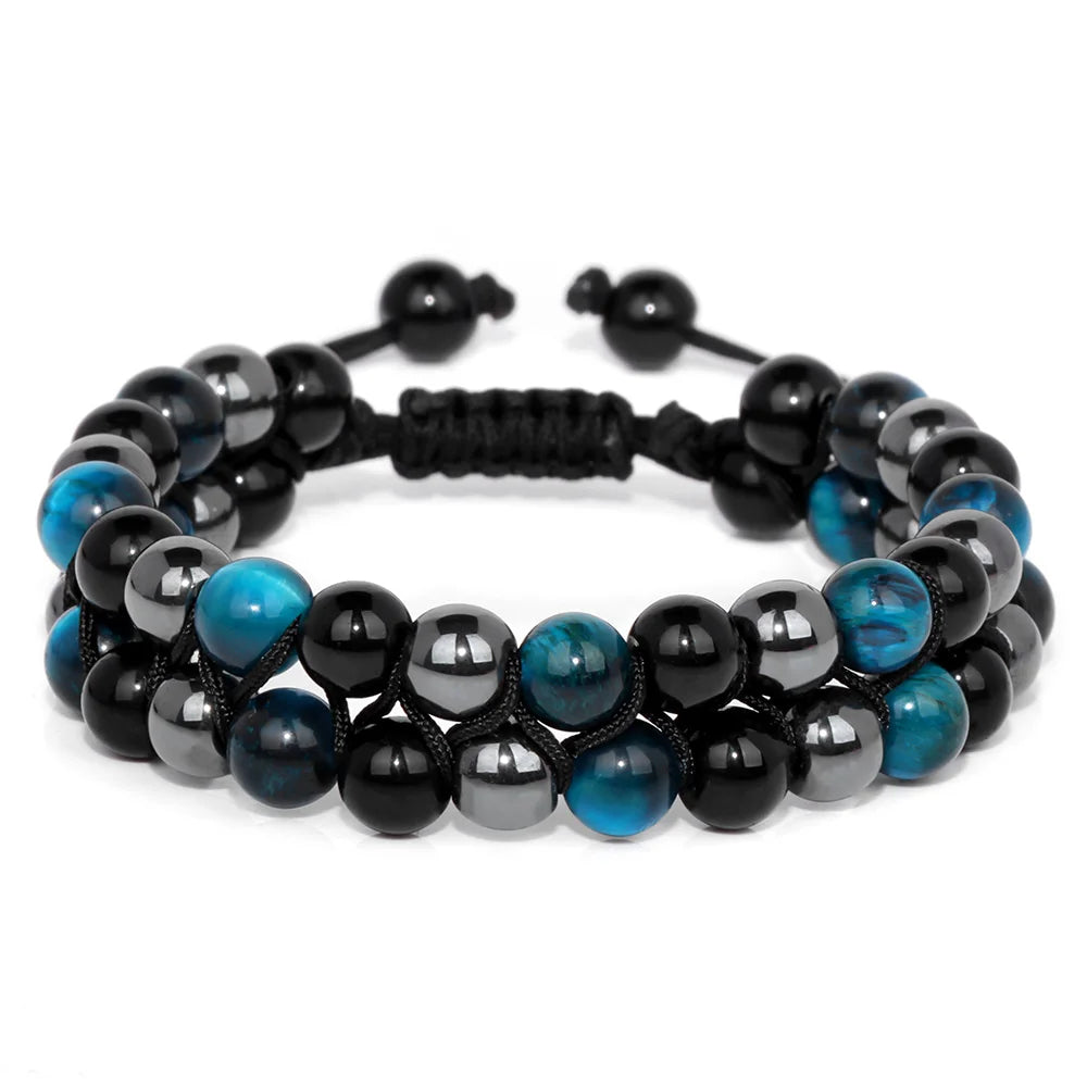 Men Triple Protection Stone Bead Bracelet Double Layers Tiger Eye Hematite Obsidian Rope Wrap Bracelet Handmade Jewelry Gift