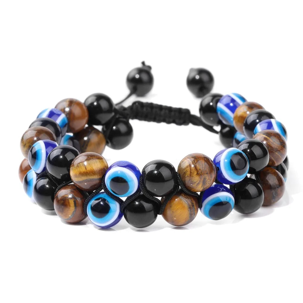 Men Triple Protection Stone Bead Bracelet Double Layers Tiger Eye Hematite Obsidian Rope Wrap Bracelet Handmade Jewelry Gift