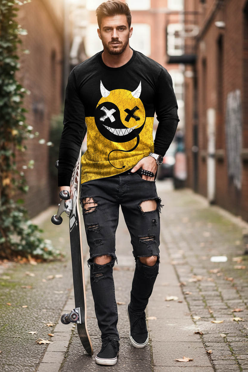Men’s Casual Long Sleeve O-Neck T-shirt with Funny Pattern Print - Harajuku Street Fashion Top