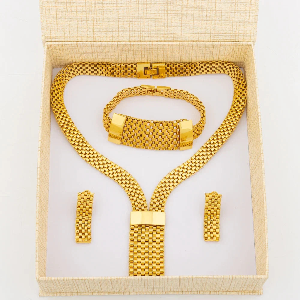 Dubai Hollow Earrings Necklace Jewelry Set Women Fashion Luxury Punk Jewellery Choker Bracelet Wholesale Accessories Party Gift