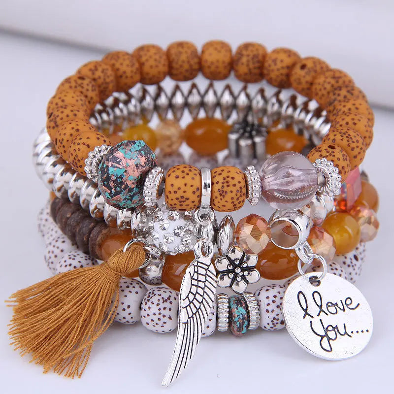 Bohemian Beads Charm Bracelets & Bangles for Women Fashion Love Feather Tassel Bracelet Multilayer Bracelet Femme 2024New