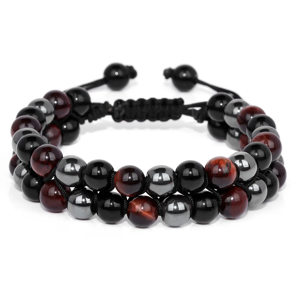 Men Triple Protection Stone Bead Bracelet Double Layers Tiger Eye Hematite Obsidian Rope Wrap Bracelet Handmade Jewelry Gift