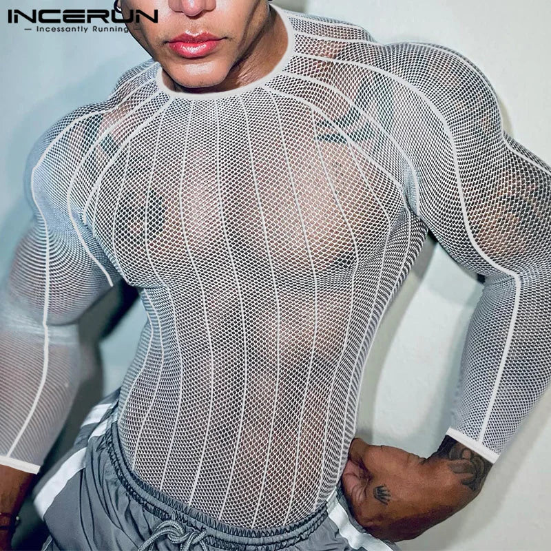 Party Nightclub Style Tops INCERUN Men's See-through Thin Design T-shirts Sexy Leisure Male Hot Sale Long Sleeved Camiseta S-3XL
