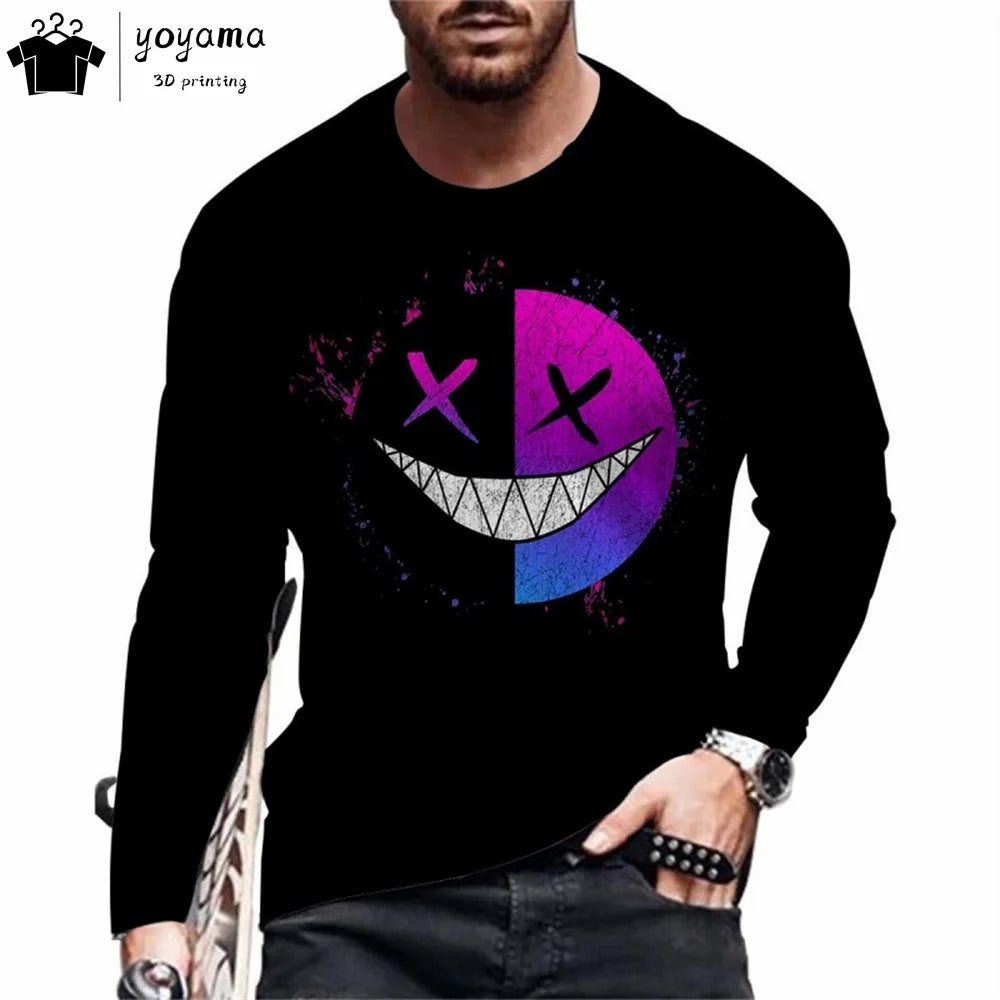 Men’s Casual Long Sleeve O-Neck T-shirt with Funny Pattern Print - Harajuku Street Fashion Top