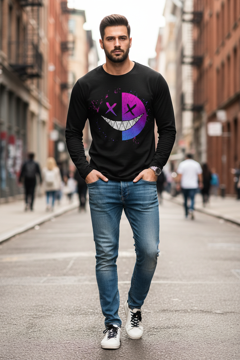 Men’s Casual Long Sleeve O-Neck T-shirt with Funny Pattern Print - Harajuku Street Fashion Top