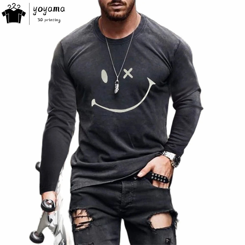 Men’s Casual Long Sleeve O-Neck T-shirt with Funny Pattern Print - Harajuku Street Fashion Top
