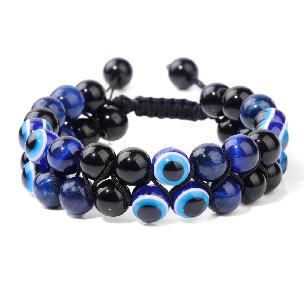 Men Triple Protection Stone Bead Bracelet Double Layers Tiger Eye Hematite Obsidian Rope Wrap Bracelet Handmade Jewelry Gift