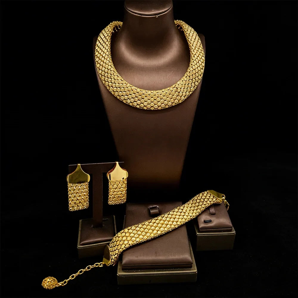 Dubai Hollow Earrings Necklace Jewelry Set Women Fashion Luxury Punk Jewellery Choker Bracelet Wholesale Accessories Party Gift