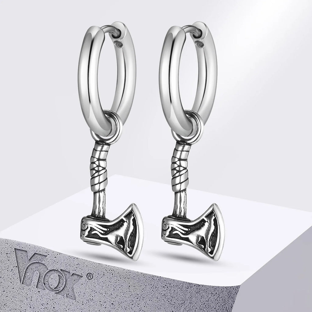 VNOX Viking Axe Hoop Earrings | Stainless Steel Men's Drop Dangle Earrings