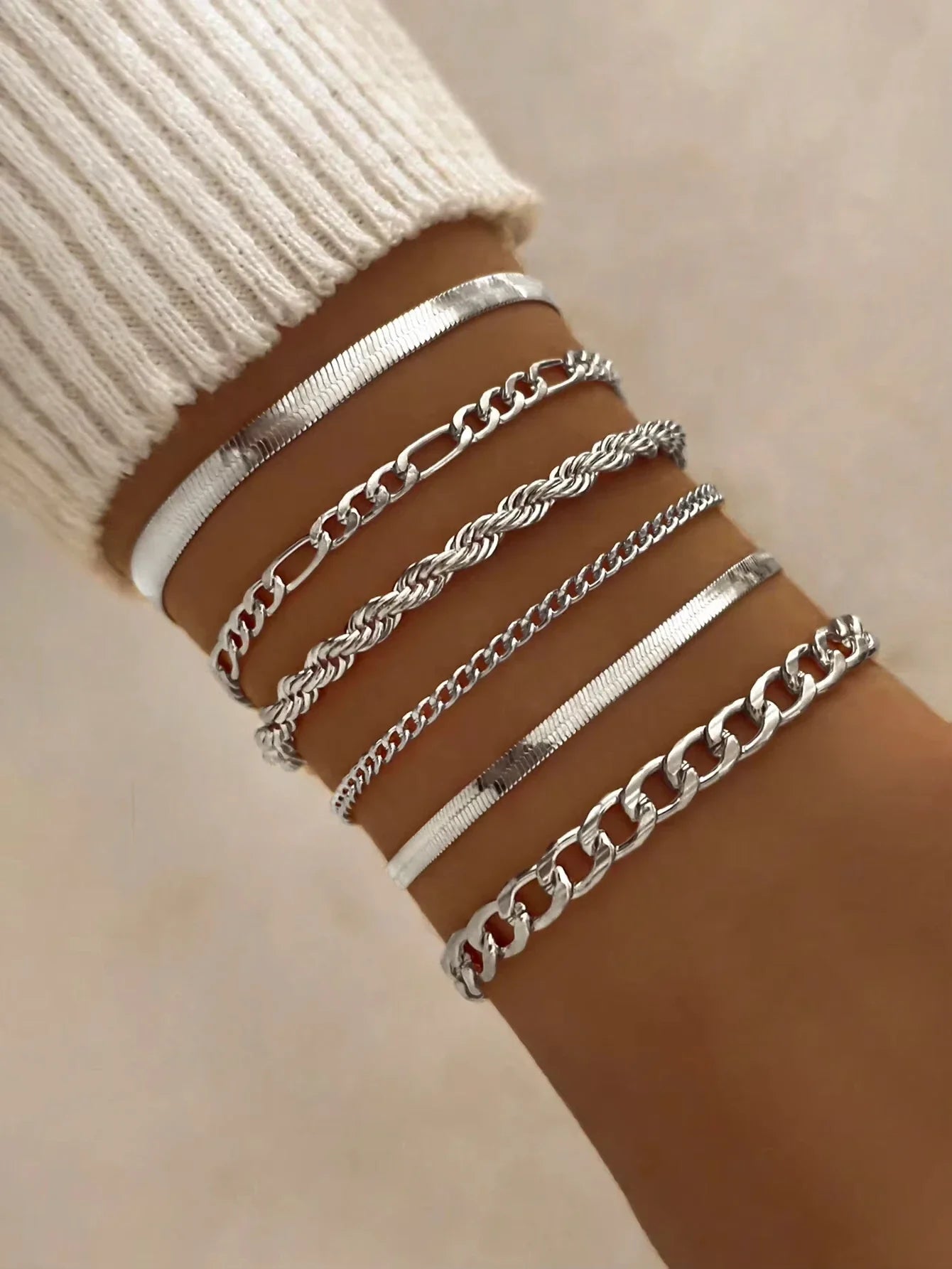 6pcs Fashion Punk Style Simple Cold Tone Chain Fashion Bracelet Set Suitable For Women's Daily Wear