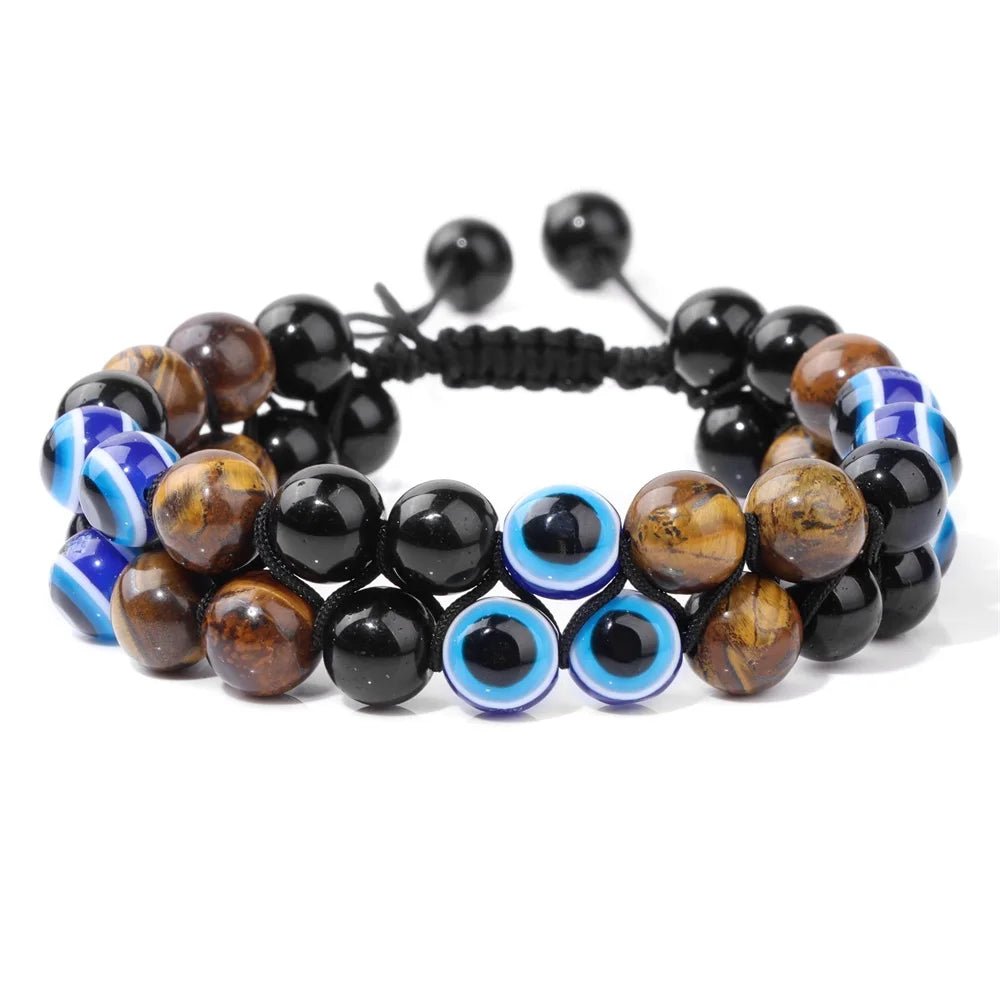 Men Triple Protection Stone Bead Bracelet Double Layers Tiger Eye Hematite Obsidian Rope Wrap Bracelet Handmade Jewelry Gift