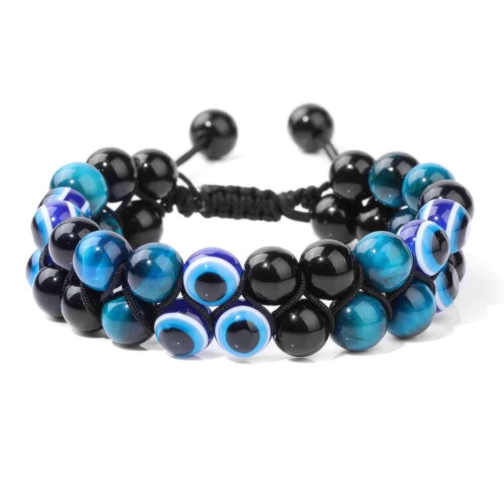 Men Triple Protection Stone Bead Bracelet Double Layers Tiger Eye Hematite Obsidian Rope Wrap Bracelet Handmade Jewelry Gift